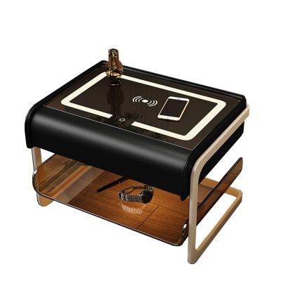 WZDHYYWS Smart Nightstand with Wireless Charging Station, Modern Nightstand with Speaker, Bedroom Side Table with Three-Color LED Light, for Living Room, Dormitory, Office.,Black