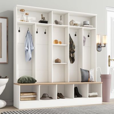 Aiuyesuo Hall Tree Storage Bench, Minimalist Shoe Cabinet with Cube Storage & Shelves,4 in 1 Entryway Coat Rack, Mudroom Bench with 8 Hooks,Open Shelves and Drawer Entryway (White-FC08)