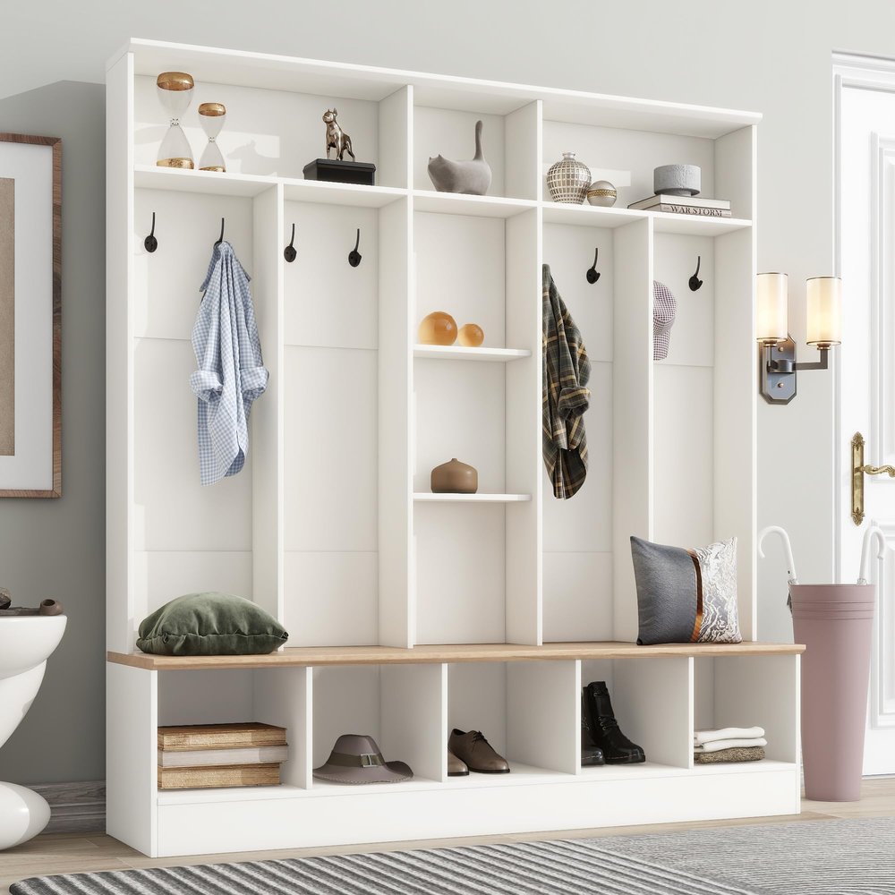 Aiuyesuo Hall Tree Storage Bench, Minimalist Shoe Cabinet with Cube Storage & Shelves,4 in 1 Entryway Coat Rack, Mudroom Bench with 8 Hooks,Open Shelves and Drawer Entryway (White-FC08)