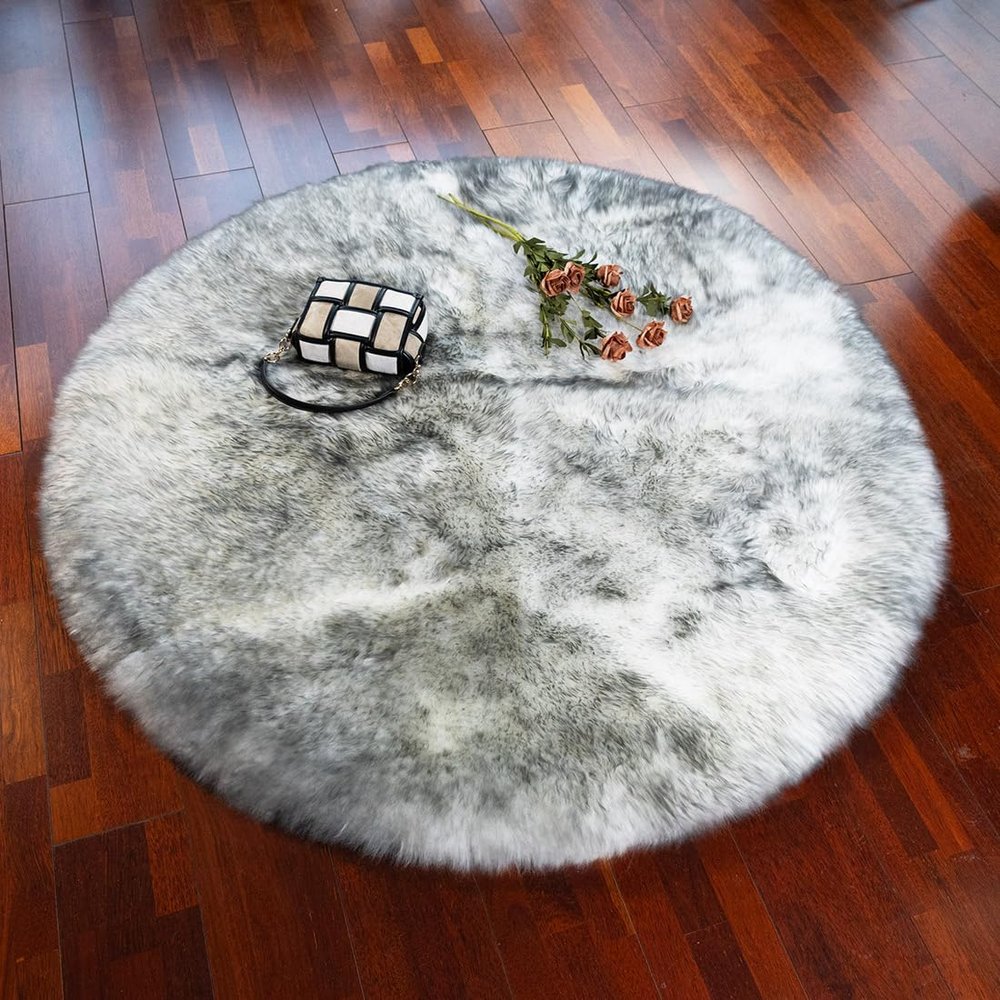 LLB Genuine Sheepskin Rug Plush Soft Throw Area Rug Fur Carpet Fluffy Shaggy Sheepskin Rug for Living Room Kids Bedroom Luxury Home Decor Rectangle (Snow Grey, Round 48'')