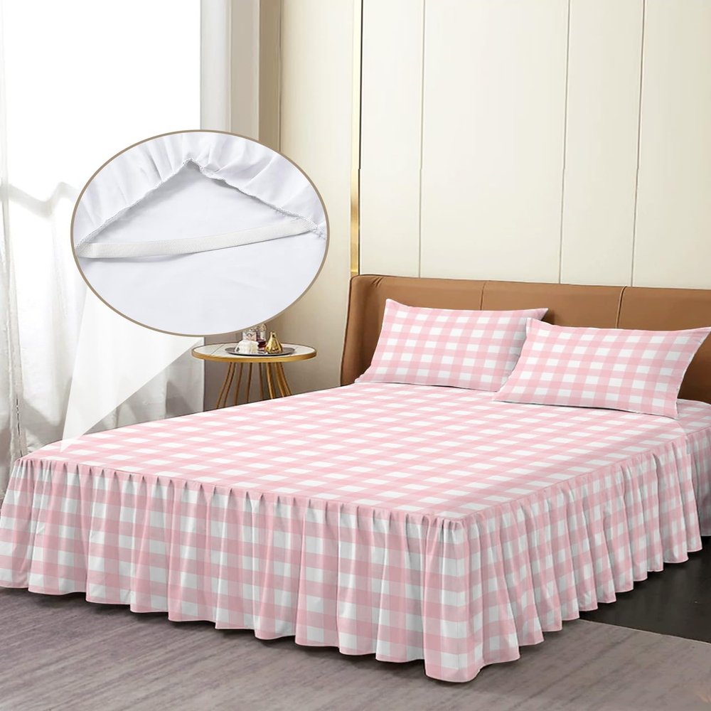 Pink Lattice Bed Skirt for Full Size Bed,Wrap Around Bedding Skirt Gathered Dust Ruffle Bedskirt Sets With 2 Packs Matching Pillow Covers 30"x20",Classic 18 Inch Drop,Farmhouse Buffalo Plaid Checkered