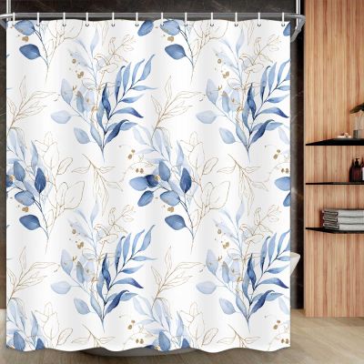 Drgilau Blue Shower Curtain, Modern Plants Shower Curtain Set Watercolor Plant Floral Bathroom Curtain, Waterproof Polyester Fabric Botanical Bathroom Curtain 72X72 Inch