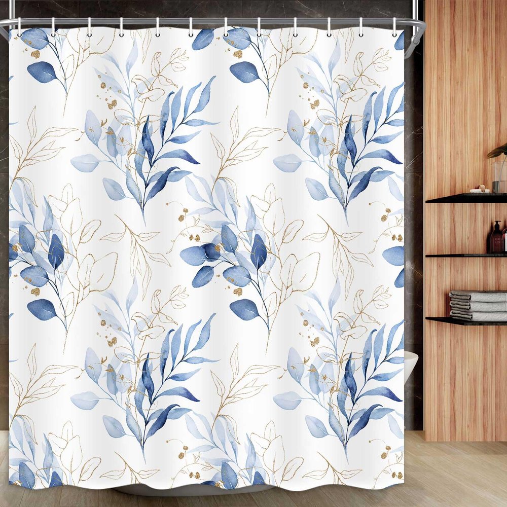 Drgilau Blue Shower Curtain, Modern Plants Shower Curtain Set Watercolor Plant Floral Bathroom Curtain, Waterproof Polyester Fabric Botanical Bathroom Curtain 72X72 Inch