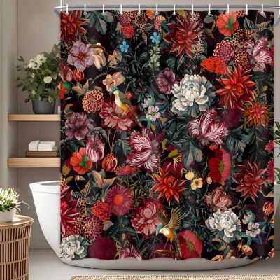 Drgilau Floral Shower Curtain, Vintage Floral Shower Curtain Set Rustic Flower Plants Bathroom Curtains, Waterproof Black Boho Bathroom Decor Curtains with 12 Hooks, 72X72 Inch