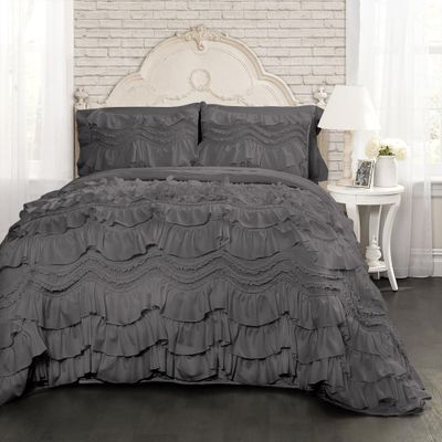 International Sheets 100% Egyptian Cotton, 550 GSM Microfiber Filled Quilt Ruffled Textured 3 Piece Oversized Super King Size Comforter Set, Dark Grey