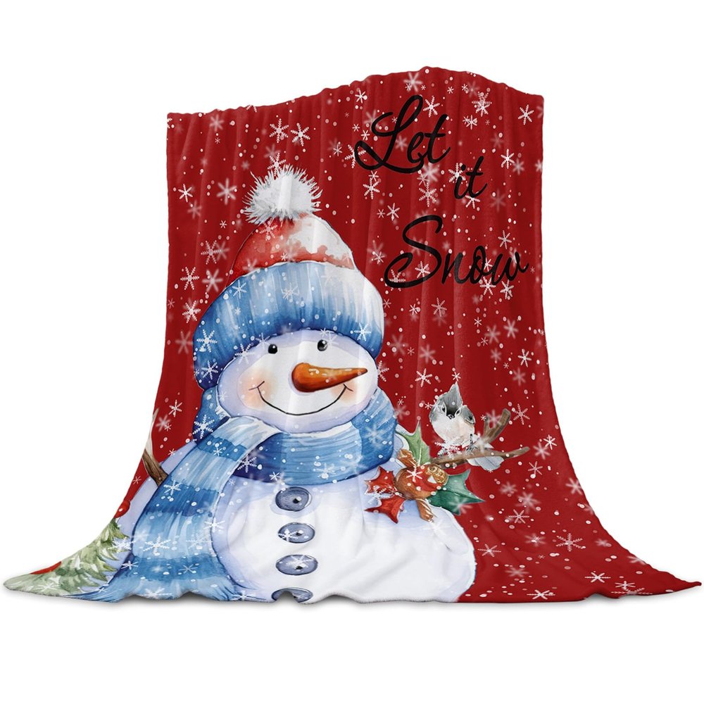 Christmas Super Soft Cozy Flannel Fleece Blanket- Snowman Snowflake Red Winter Xmas Blanket for Bed Couch Sofa Chair Travel, 40 x 50 Inche