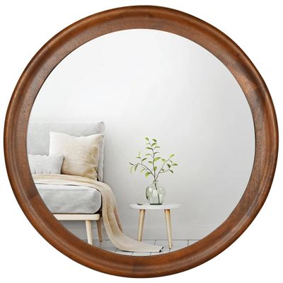 CULER Round Wall Mirrors 24 Inch,Wood Rustic Decorative Transitional Mirror with Walnut Frame for Wall,Farmhouse Hanging Vanity Mirror for Bathroom Bedroom Living Room or EntrywayWalnut Brown