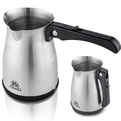 ETHNIQ Turkish Coffee Pot - Stainless Steel, 120V, 1 to 4 Cup Capacity, Coffee Maker with Foldable Handle for Home & Travel & on-off Button (Slow Brew)