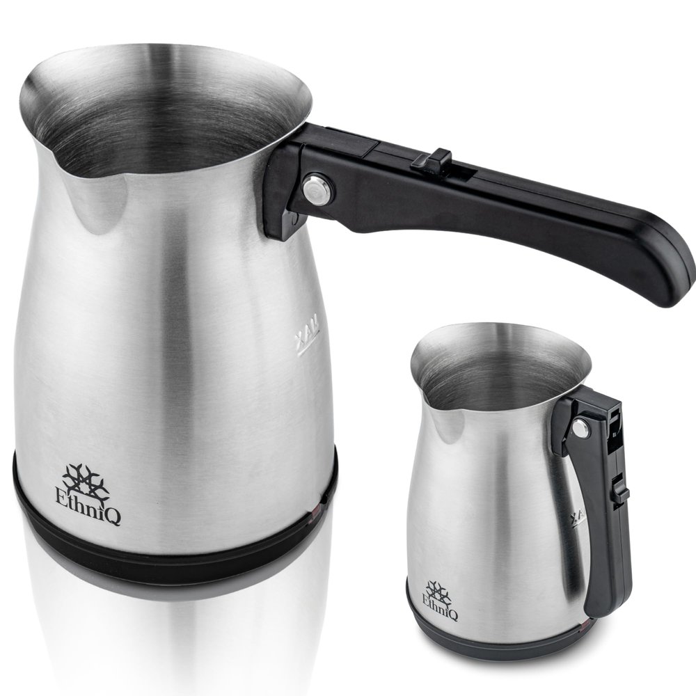 ETHNIQ Turkish Coffee Pot - Stainless Steel, 120V, 1 to 4 Cup Capacity, Coffee Maker with Foldable Handle for Home & Travel & on-off Button (Slow Brew)