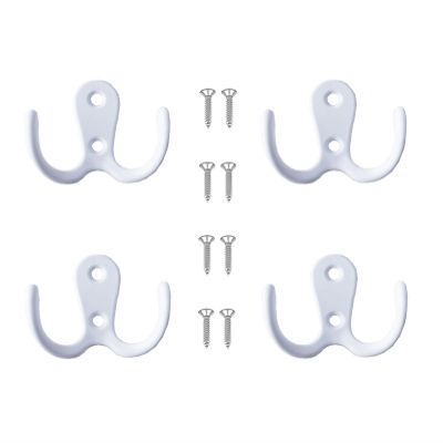 Lansonee 4 Pcs Double Prong Robe Hooks, Dual Coat Hooks Wall Mounted Hanging Clothes for Bathroom Bedroom Door Wall Retro Metal Cloth Hanger Double Coat Hooks with 8 Screws (White)