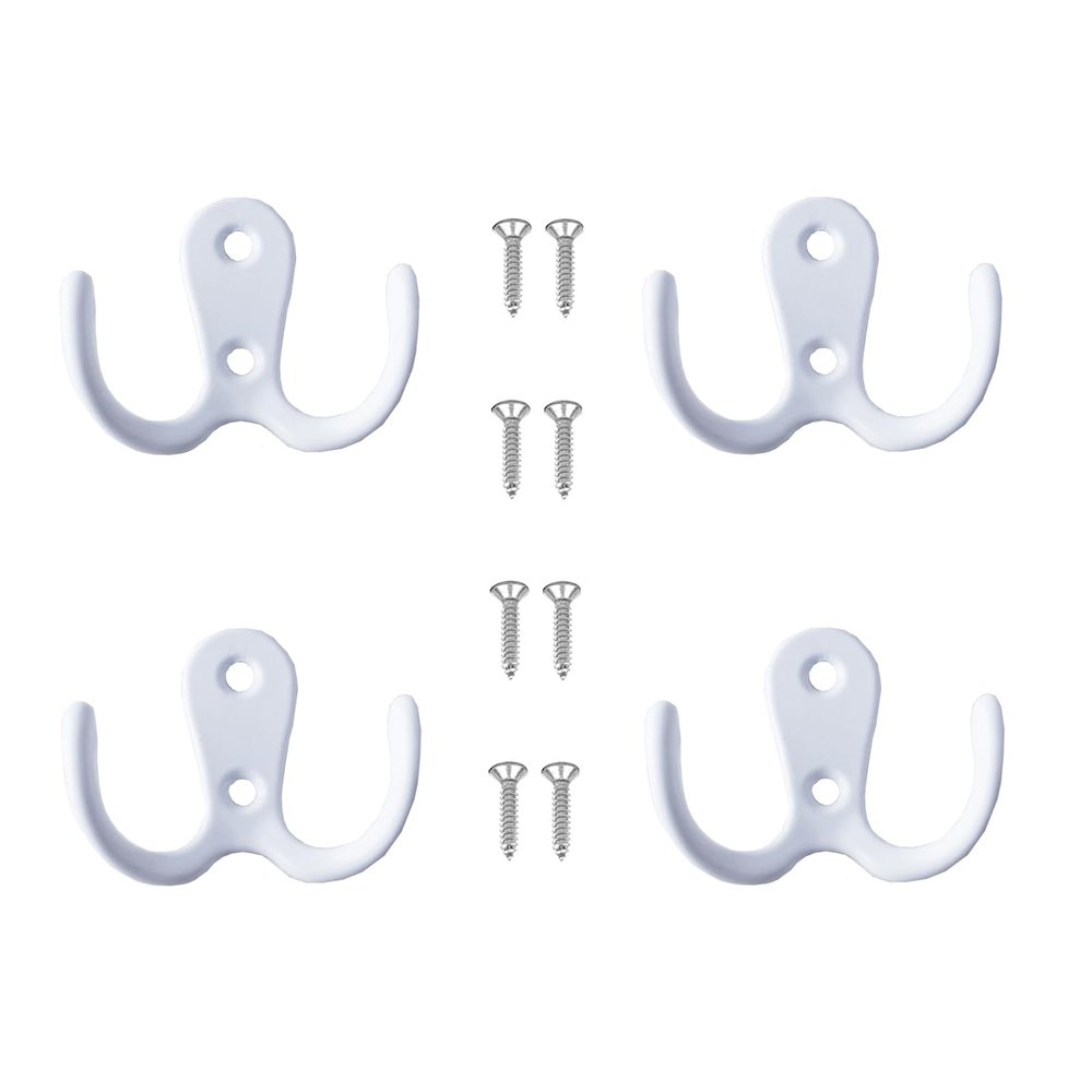 Lansonee 4 Pcs Double Prong Robe Hooks, Dual Coat Hooks Wall Mounted Hanging Clothes for Bathroom Bedroom Door Wall Retro Metal Cloth Hanger Double Coat Hooks with 8 Screws (White)
