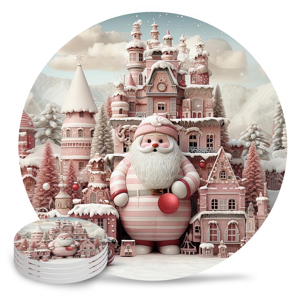 Christmas Coasters for Drinks Absorbent Coaster Sets of 4 with Cork Base Pink Christmas Santa Claus Castle Ceramic Cup Coaster for Wooden Table, Bar, Housewarming Gifts, Holiday Party