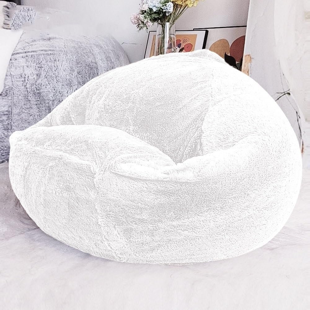 Bean Bag Chair Cover Fluffy Fur Pouf Sofa Cover Bean Bag Chair Couch Beanbag Ottoman Relax Lounge Futon Puff (Color : White, Size : 3.3ft-D100cm-cover)