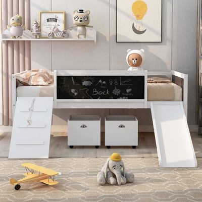 Bellemave Low Loft Bed with Slide, Kids Twin Loft Bed with Storage Boxes, Wooden Loft Bed Frame with Climbing Ladder and Chalk Board for Kids Boys Girls Teens (White)