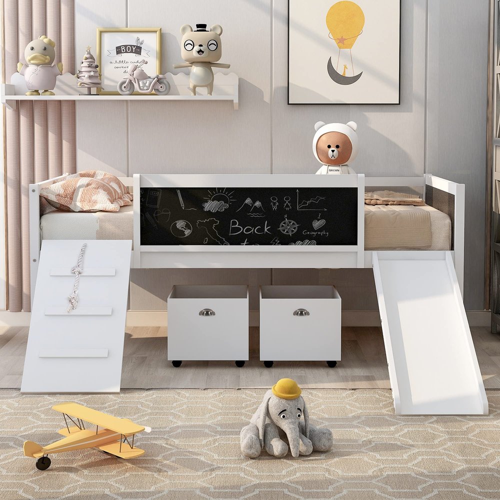 Bellemave Low Loft Bed with Slide, Kids Twin Loft Bed with Storage Boxes, Wooden Loft Bed Frame with Climbing Ladder and Chalk Board for Kids Boys Girls Teens (White)