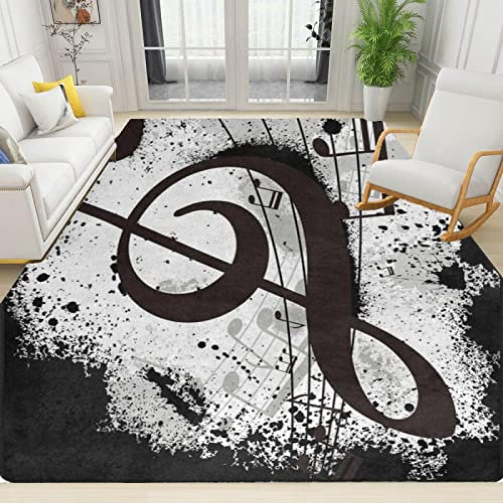 Abstract Musical Notes Living Room Area Rugs, Modern Home Decor Black White Bedroom Rug, Soft Durable Washable Non-Slip Foldable Large Entryway Throw Carpet for Dorm Sofa Pet Patio 5.3x6.6ft
