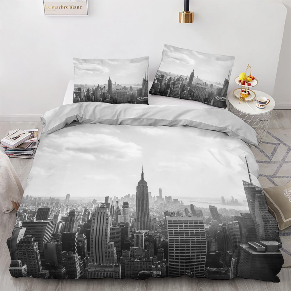 zcwl New York Duvet Cover King Size | City Scene Bedding Set | 3 Piece | Soft Microfiber Patterned Comforter Cover with Zipper Ties & 2 Pillowcases | New York Bedroom Decor