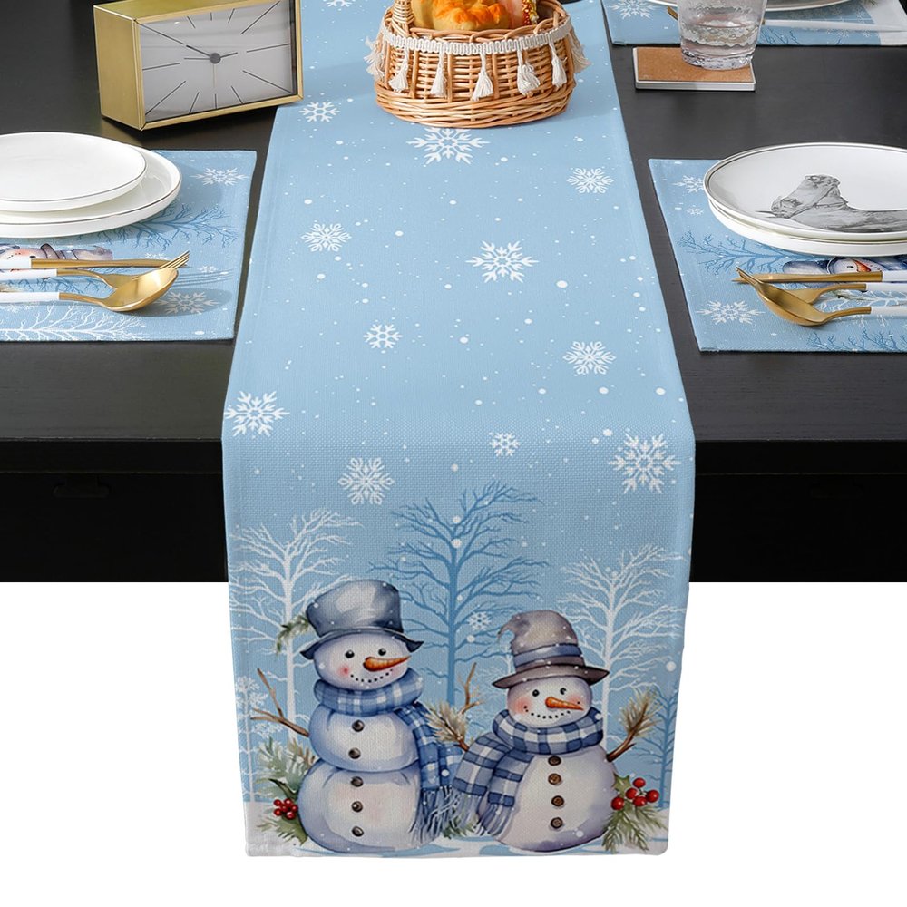 Blue Christmas Table Runner with Placemats Set of 2, Cotton Linen Kitchen Dining Mats Long Tablerunner 13"x90" Snowman Forest Snowy Tree Branch Table Mats Set for Living Room/Dresser/Dining Table
