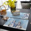 Blue Christmas Table Runner with Placemats Set of 2, Cotton Linen Kitchen Dining Mats Long Tablerunner 13"x90" Snowman Forest Snowy Tree Branch Table Mats Set for Living Room/Dresser/Dining Table view 4