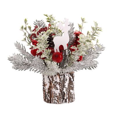 Algado Flocked Mini Christmas Tree, Artificial Potted Pine Tree with Wood Stump Base, Frosted Christmas Table Centerpieces with Red Berries, Pinecone and Signs, for Home Xmas Decor(Red)
