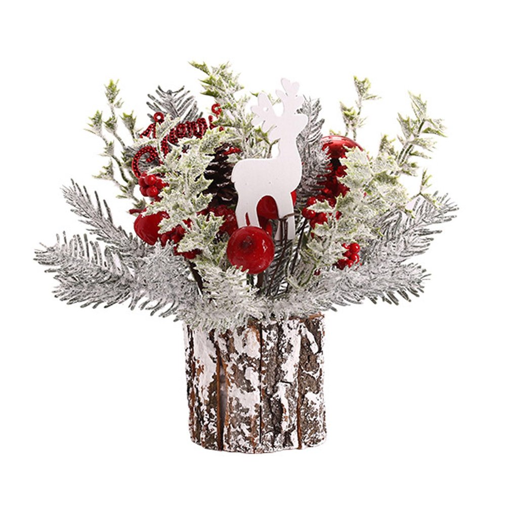 Algado Flocked Mini Christmas Tree, Artificial Potted Pine Tree with Wood Stump Base, Frosted Christmas Table Centerpieces with Red Berries, Pinecone and Signs, for Home Xmas Decor(Red)