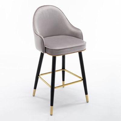 Guyifuny Bar Stools Set of 2 Velvet Fabric Upholstered High Stools Black Metal Legs Breakfast Counter Chairs for Bar, Counter, Kitchen, Home,Grey,2