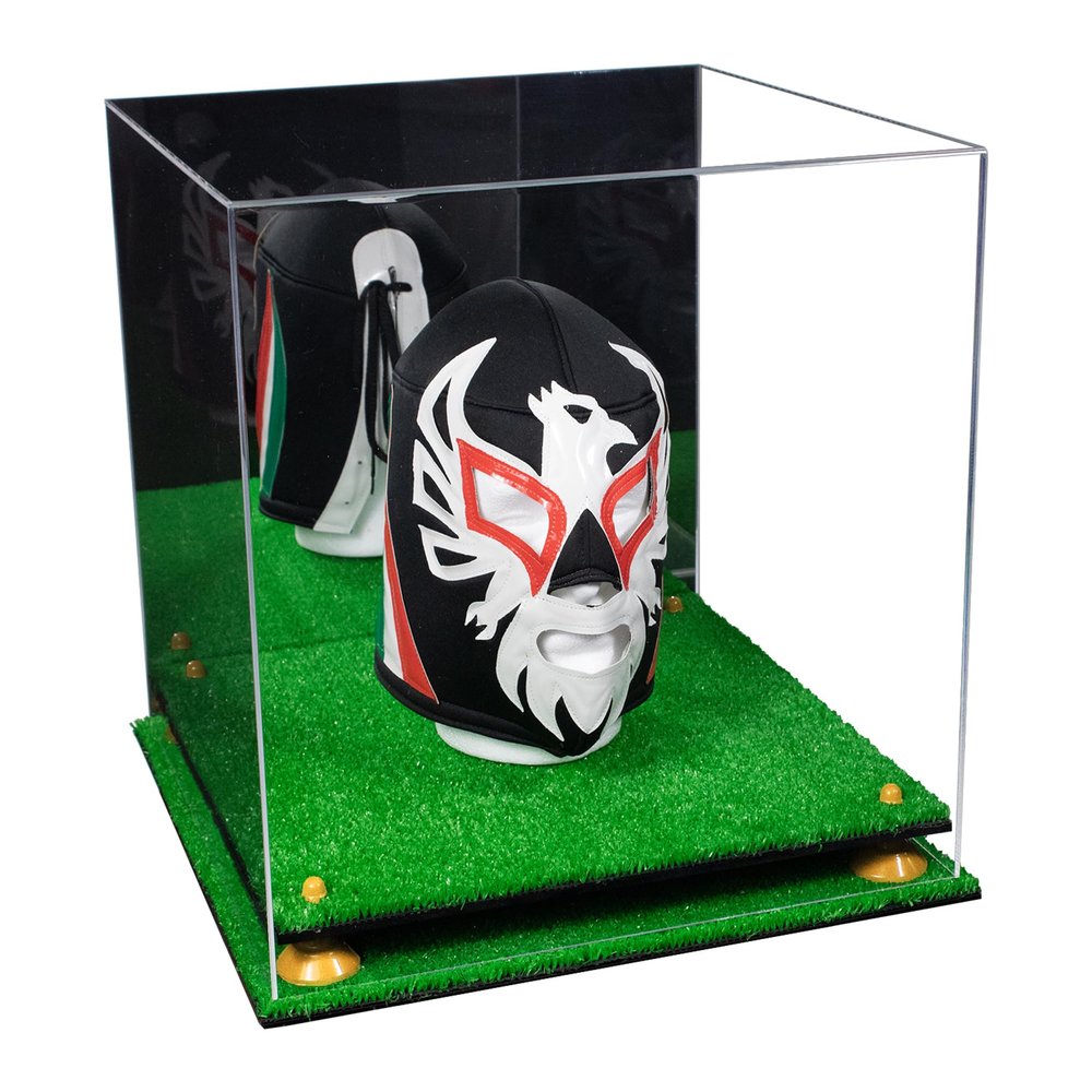 Better Display Cases Acrylic Versatile Display Case - Large Square Box with Mirror Case, Yellow Risers, Turf Base 15.5" x 15.5" x 15.5" (A118)
