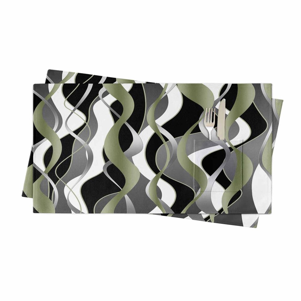 Sage Green Stripes Placemats Set of 2, Woven Placemat Washable Wipeable Table Placemat with Pocket, Holiday Cloth Table Mat for Party Kichen Dinner Modern Geometric Black Grey White
