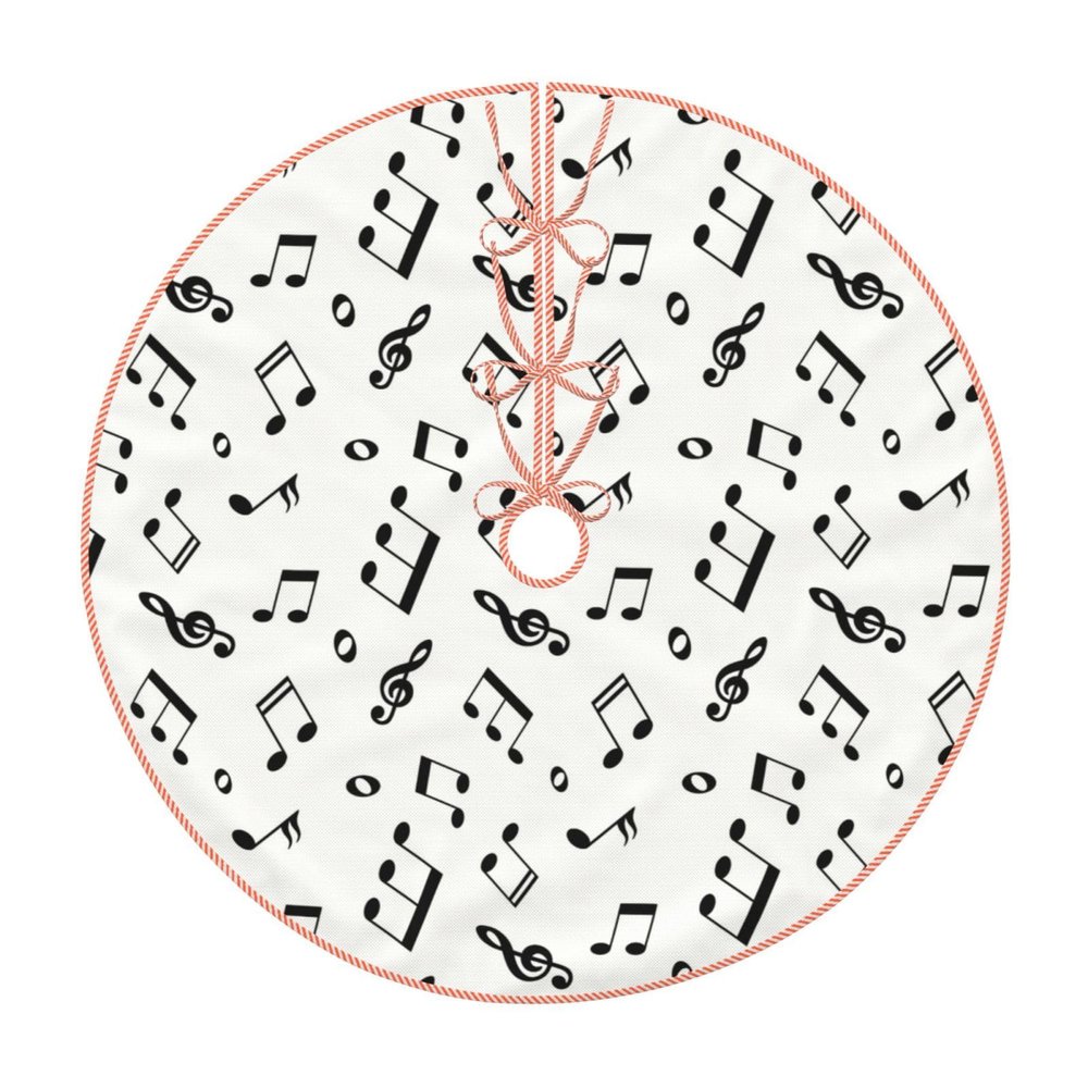 Christmas Tree Skirt 30" Black and White Music Notes Pattern Linen Xmas Tree Skirt for Holiday Party Christmas Tree Mat Decorations Indoor Outdoor