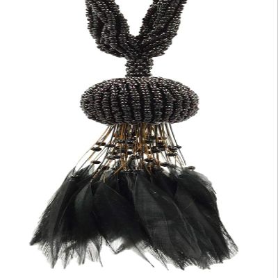 DCOPRO Beautiful Beaded Tassel Tiebacks exquisitely Handcrafted with Exotic Feather Design Tassel Length 5" (12.5cm) 23" Spread (58cm) (Style# TBBDFEATH5) Pure Black #K9 (Jet Black) Individually Sold