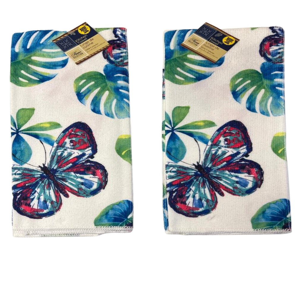 Greenbrier International, Inc. Set of 2 Butterfly Butterflies Kitchen Towels Dish Towels Hand Towels - Blue Pink and Green