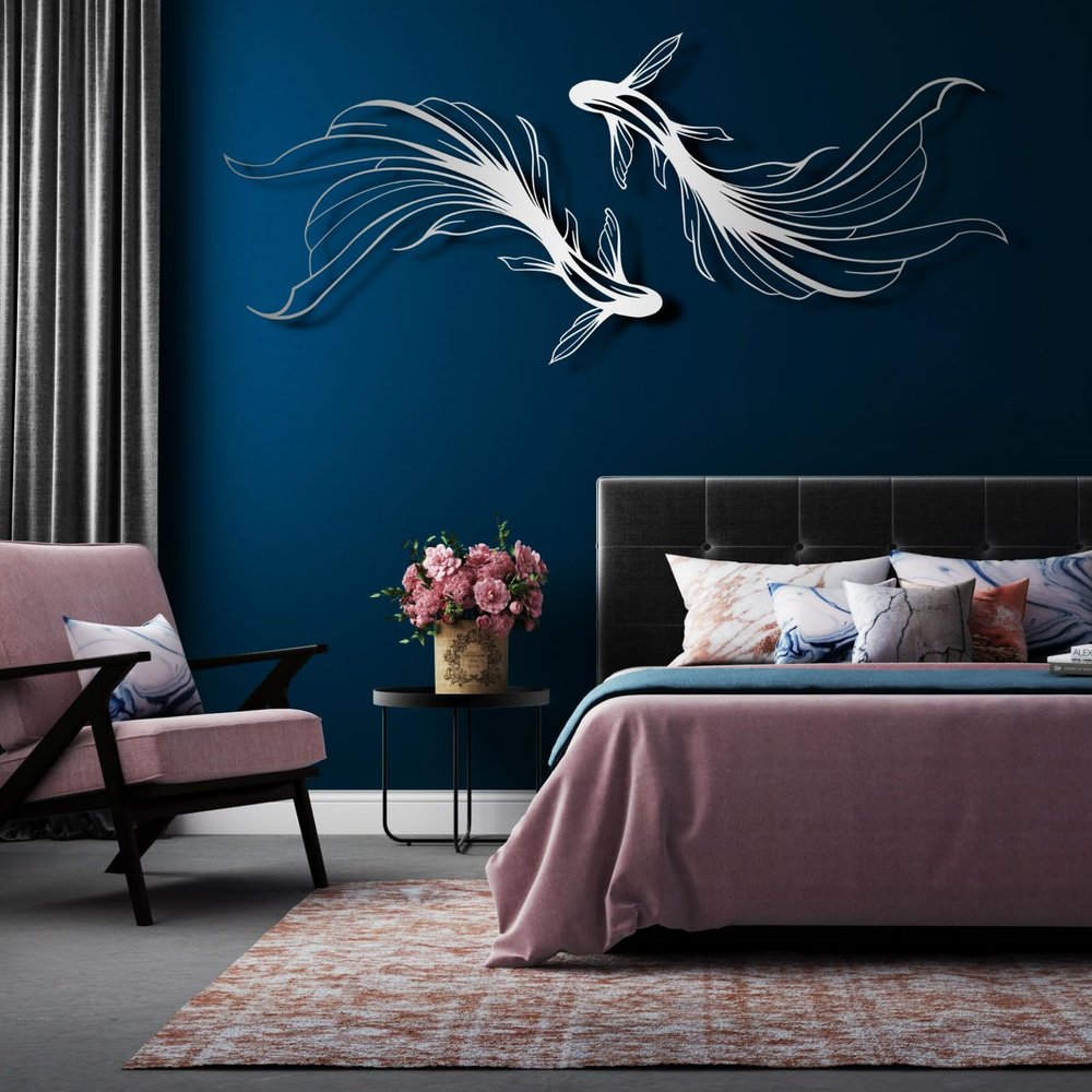 ICEWQOQU Koi Metal Wall Art Set of 2, Metal Fish Wall Decor, Koi Fish Decor, Yin Yang Wall Art, Feng Shui Iron Fish Art for Living Room, Bathroom (Each Panel: 47 x 29/120 x 73 cm, silver)