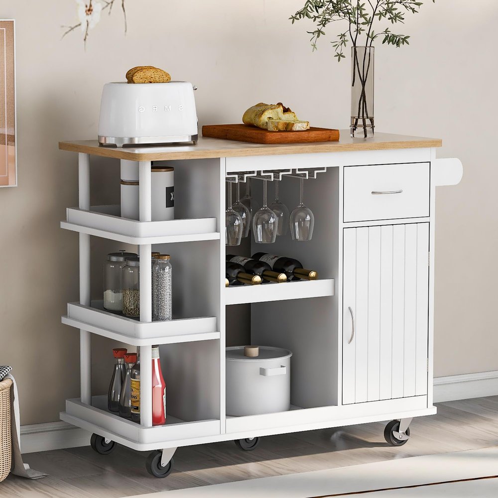 Elefesign Multipurpose Kitchen Cart Cabinet with Side Storage Shelves,Rubber Wood Top, Adjustable Storage Shelves, 5 Wheels, Kitchen Storage Island with Wine Rack for Dining Room, Home,Bar,White
