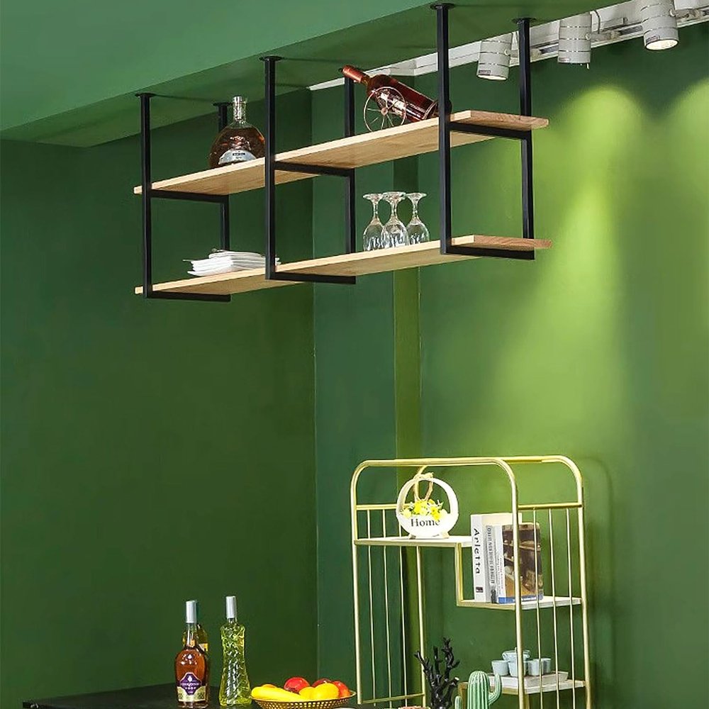 Drsyffsup Ceiling Shelf Floating Shelves Wrought Iron Solid Wood, Kitchen Pot Pan Rack Hanging Wine Rack Suspended Hanging Storage Rackfor Bars/Restaurants/Flower Shop (Size : 60x30x80cm)