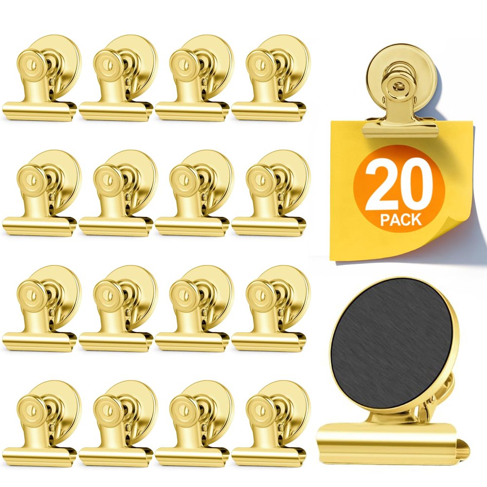 WUDIME 20 Pack Fridge Magnet Refrigerator Magnets, Gold Magnetic Clips Whiteboard Magnets, Magnet Clips Heavy Duty for Photo Displays, Home, Office, Classroom