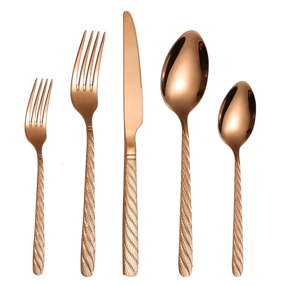 40-Piece Silverware Set Rose Gold for 8 Hammered Handle Flatware Set Food-Grade Stainless Steel Utensils Set Home Kitchen Forks Forks And Spoons Mirror Polished Halloween Essentials Christmas