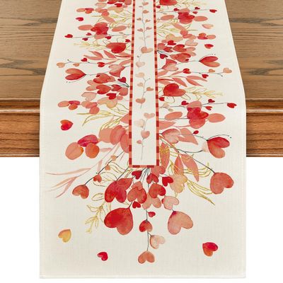 Artoid Mode Red Heart Branch Table Runner, Seasonal Leaf Kitchen Dining Table Decoration for Home Party Decor 13x72 Inch