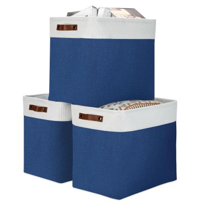 DULLEMELO 51L Large Baskets for Storage, Large Rectangular Baskets for Shelves [3 Pack], Blanket Basket Dog Toy Basket for Organizing Closet, Nursery, Clothes,Toys (White&Blue)