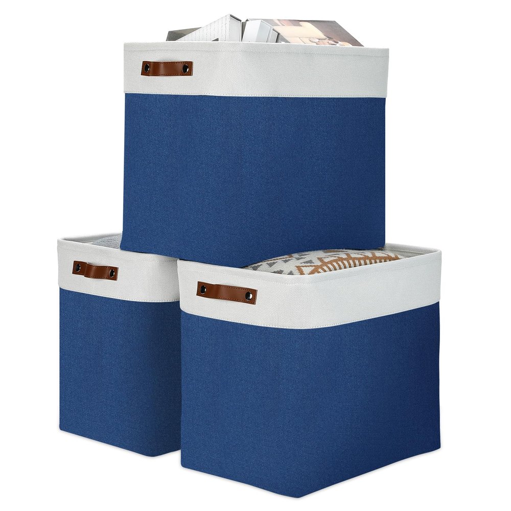 DULLEMELO 51L Large Baskets for Storage, Large Rectangular Baskets for Shelves [3 Pack], Blanket Basket Dog Toy Basket for Organizing Closet, Nursery, Clothes,Toys (White&Blue)