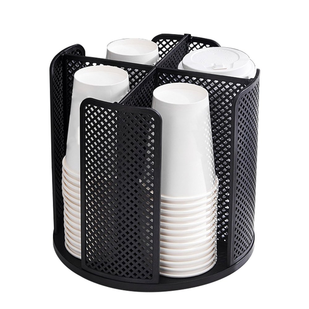 BigKing Rotatable Cup and Lid Organizer with 4 Compartments, Coffee Cup Organizer, Cup Dispenser, Paper Cup Storage Holder for Countertop, Breakroom, Coffee Station, Bar, Buffet, Kitchen (Black)
