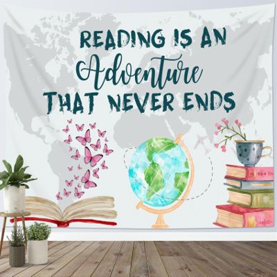 LB Reading Classroom Tapestry Wall Hanging World Map with Inspirational Quotes and Pink Butterfly Wall Tapestry for Bedroom Aesthetic Vintage Book Wall Art for Living Room College Dorm Decor, 80Wx60H inch