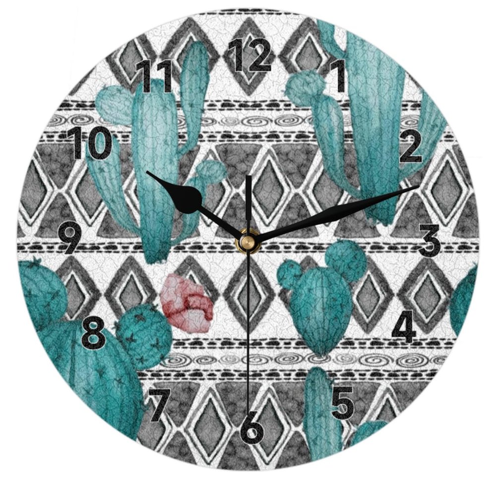 bisibuy Cactus Boho Ornament Wall Clocks Battery Operated 9.84 inch Silent Non-Ticking Mordern Desk Clock Decor for Living Room Home Office Bedroom Kitchen Wall Clock Decorative