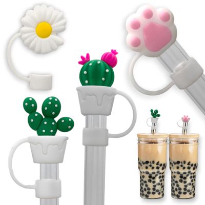 4PCS Large Straw Covers for Boba Straws, 12mm & 14mm Smoothie Jumbo Silicone Straw Tips Topper Caps for Glass Boba Wide Large Straws (12mm &14mm_Daisy)