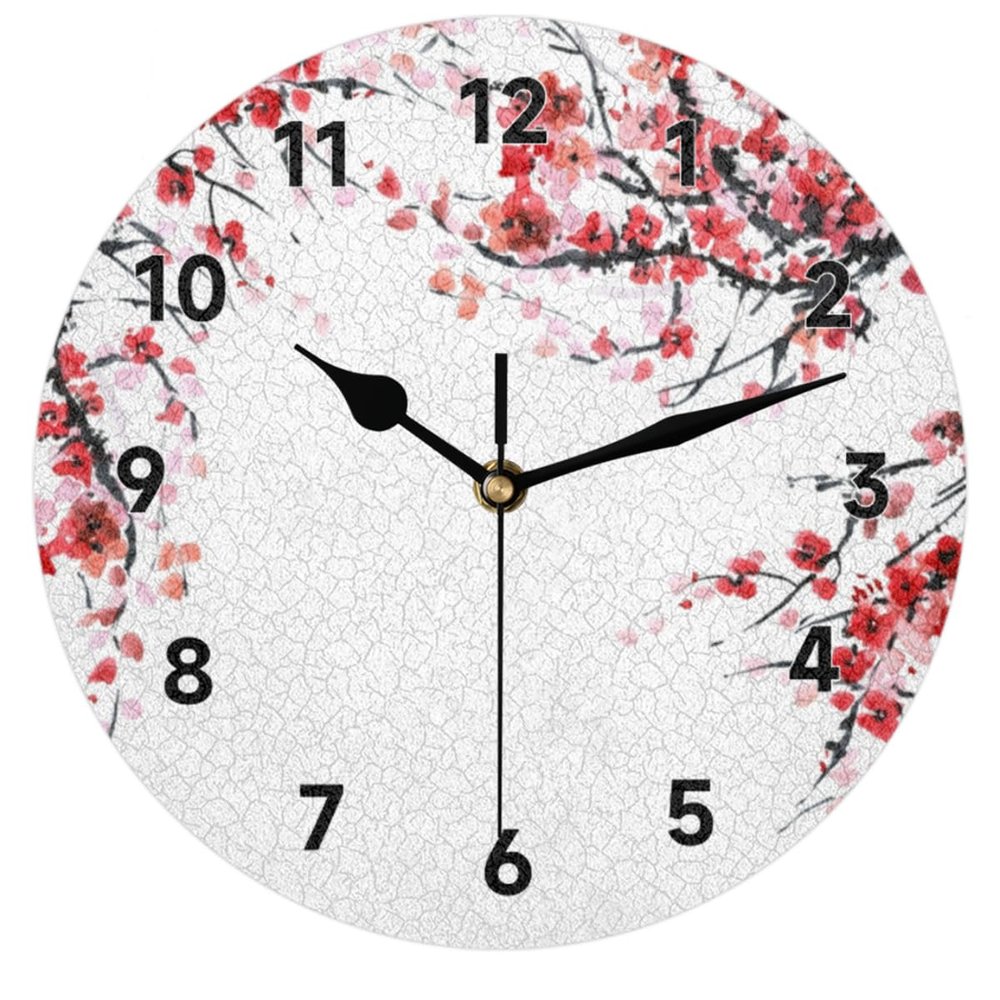 bisibuy Oriental Flower Painting Decorative Round Wall Clock 12 Inch Asian Art Floral Wall Clocks Battery Operated for Kitchen Living Room Bedroom Bathroom Office Home Decor Large Wall Clock