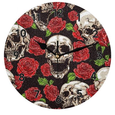 bisibuy Retro Skull Red Rose Wall Clock Decorative Round 12 Inch Modern Wall Clocks Battery Operated for Living Room Bedroom Kitchen Bathroom Office Home Decor Large Wall Clock