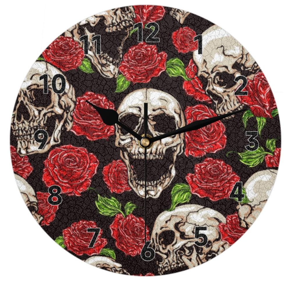 bisibuy Retro Skull Red Rose Wall Clock Decorative Round 12 Inch Modern Wall Clocks Battery Operated for Living Room Bedroom Kitchen Bathroom Office Home Decor Large Wall Clock
