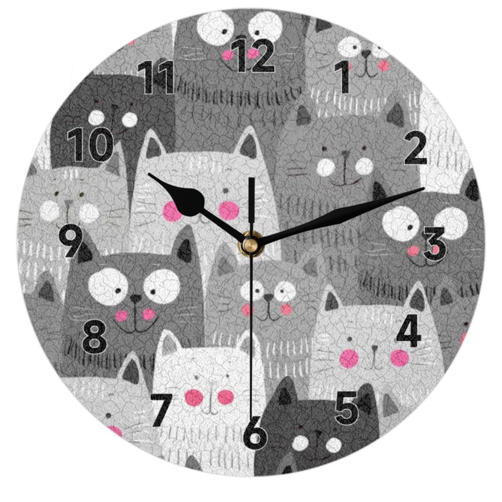 bisibuy Cartoon Cat Wall Clock Decorative Round 12 Inch Grey Modern Wall Clocks Battery Operated for Living Room Bedroom Kitchen Bathroom Office Home Decor Large Wall Clock