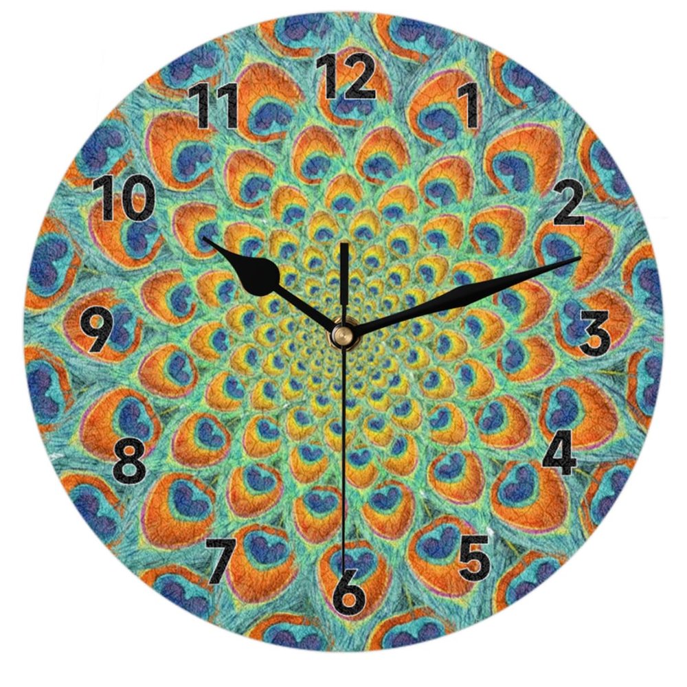 bisibuy Peacock Mandala Wall Clock Decorative Round 12 Inch Animal Modern Wall Clocks Battery Operated for Living Room Bedroom Kitchen Bathroom Office Home Decor Large Wall Clock