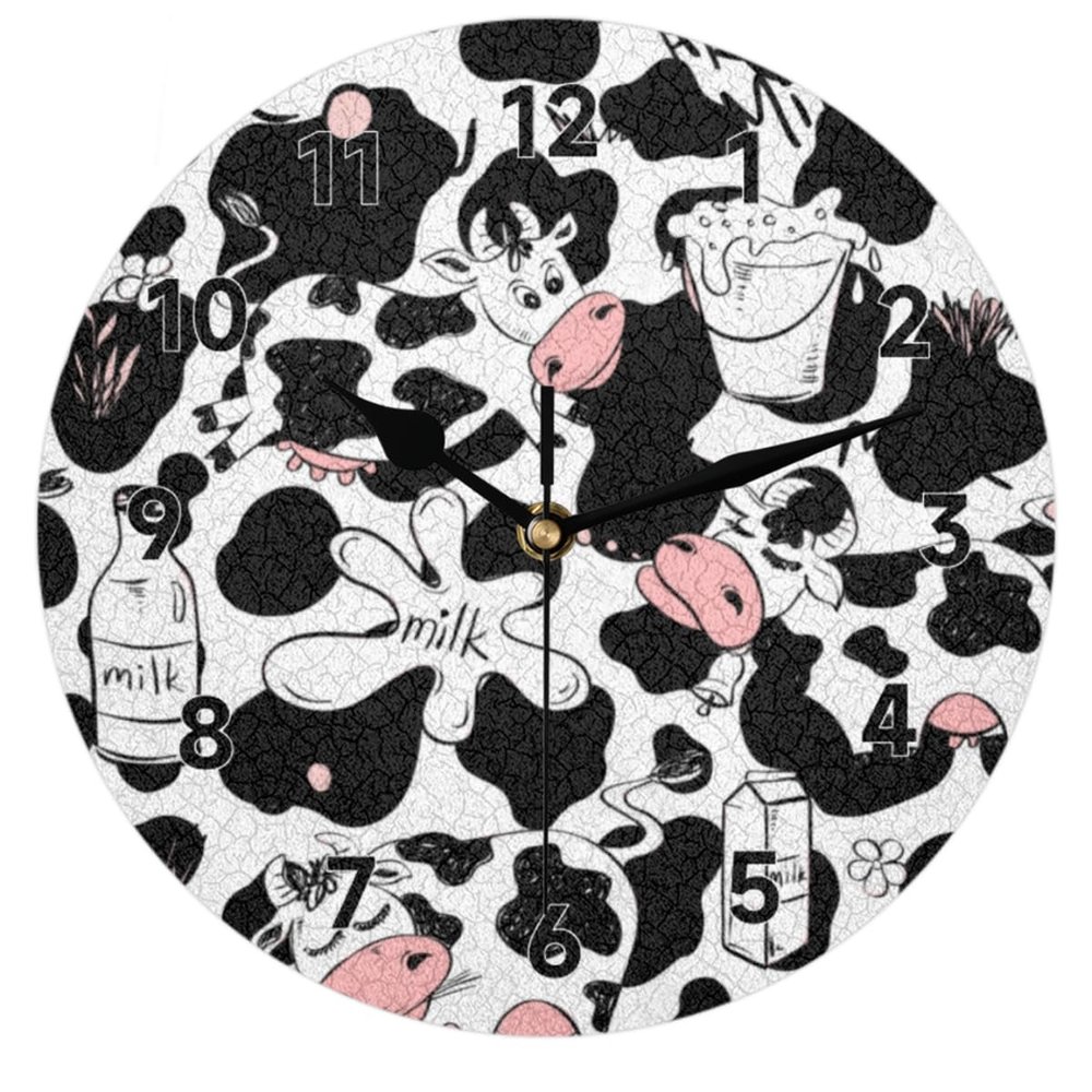 bisibuy Cute Cow Print Wall Clocks Battery Operated Silent Non-Ticking Milk Desk Clock Decor for Living Room Home Office Bedroom Kitchen Wall Clock Decorative 9.84 inch