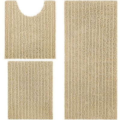 Arotive Chenille Bathroom Rugs and Toilet Rugs U-Shaped 3 Pieces, Bath Rug Size 24x16, 47x17 and Toilet Rug Size 24x20 in Beige, Bathroom Rug Set